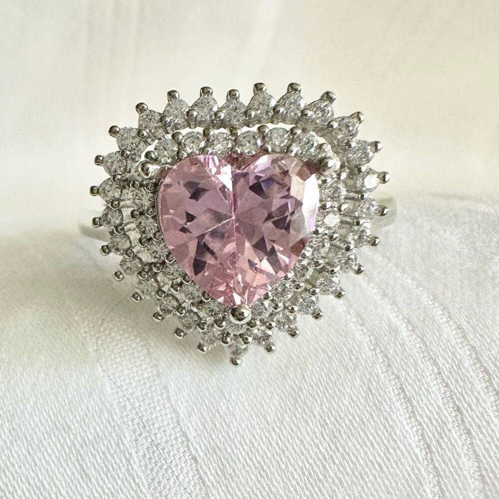 Light pink cubic zirconia heart cocktail ring size 8